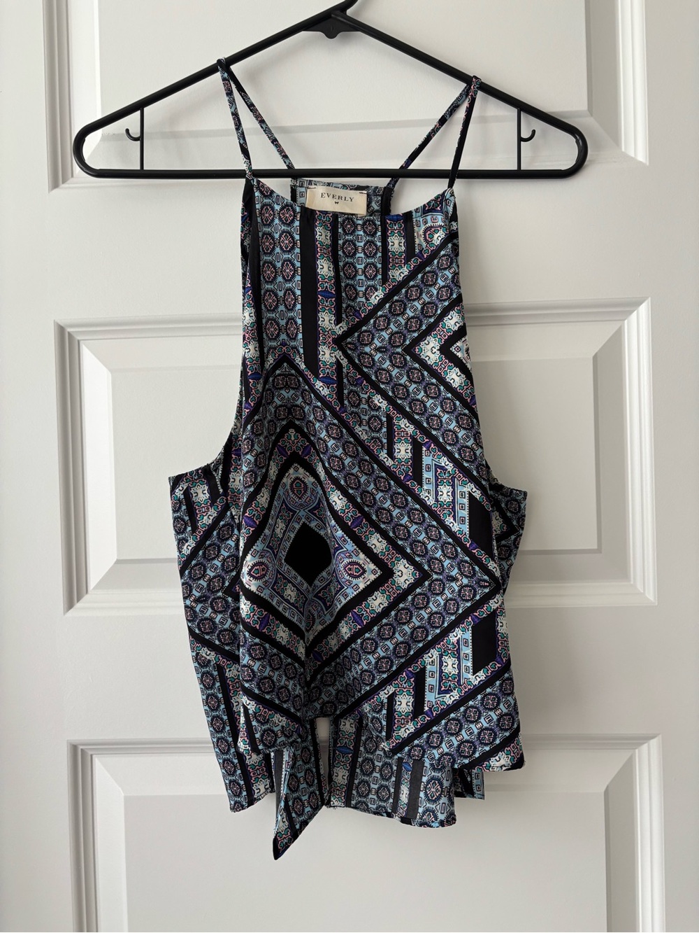 Everly Blue Geometric Print Halter Tank Top with Handkerchief Hem Size L